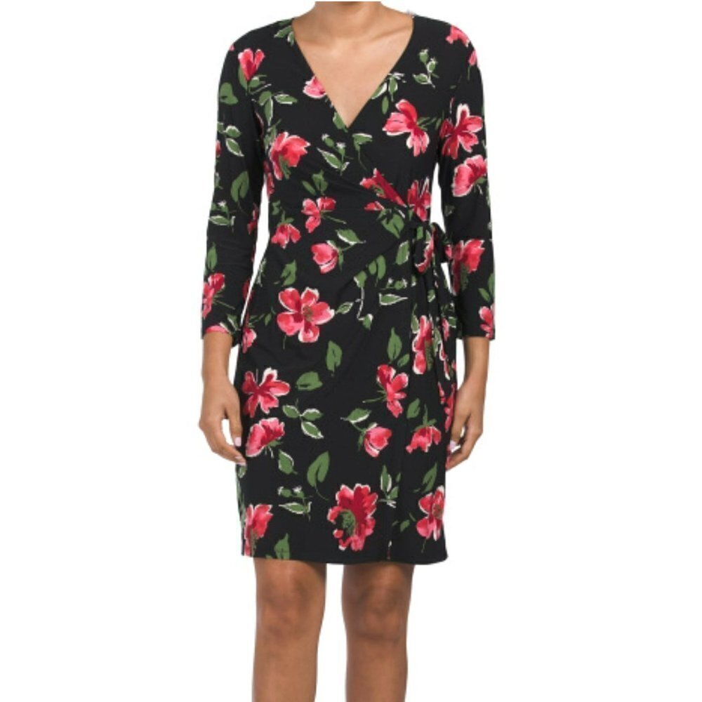 NWT Anne Klein Women's Roses Floral Print Long Sleeve Wrap Mini Dress